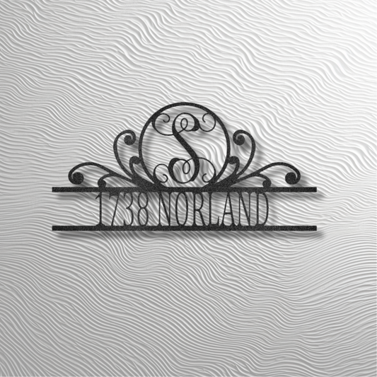 Scroll Family Name Steel Sign – Custom Monogram Metal Art with Address Numbers